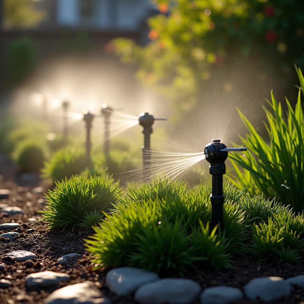 Difusores estáticos de riego instalados en jardín con plantas ornamentales variadas