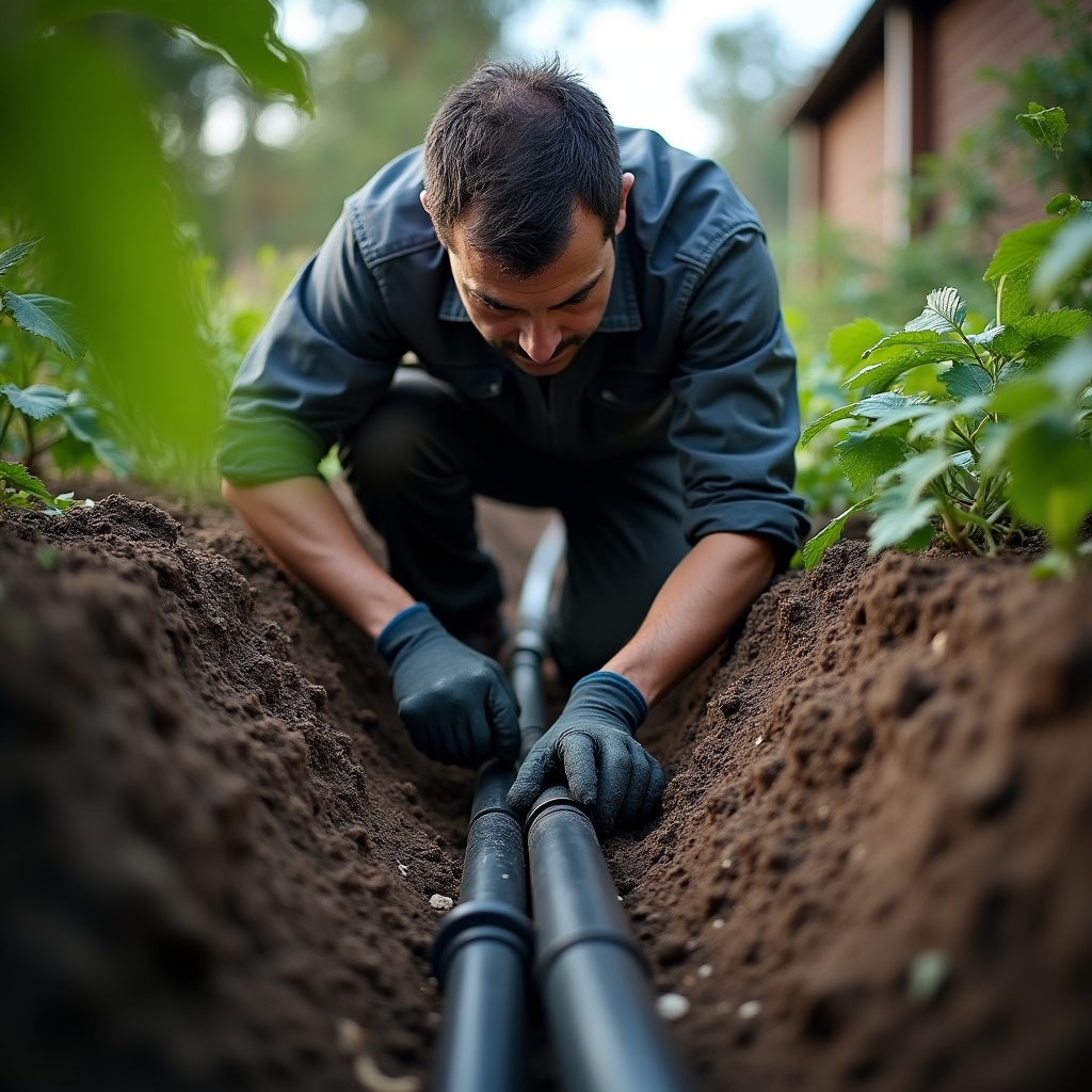 Operario instalando tubería de riego subterránea en jardín residencial
