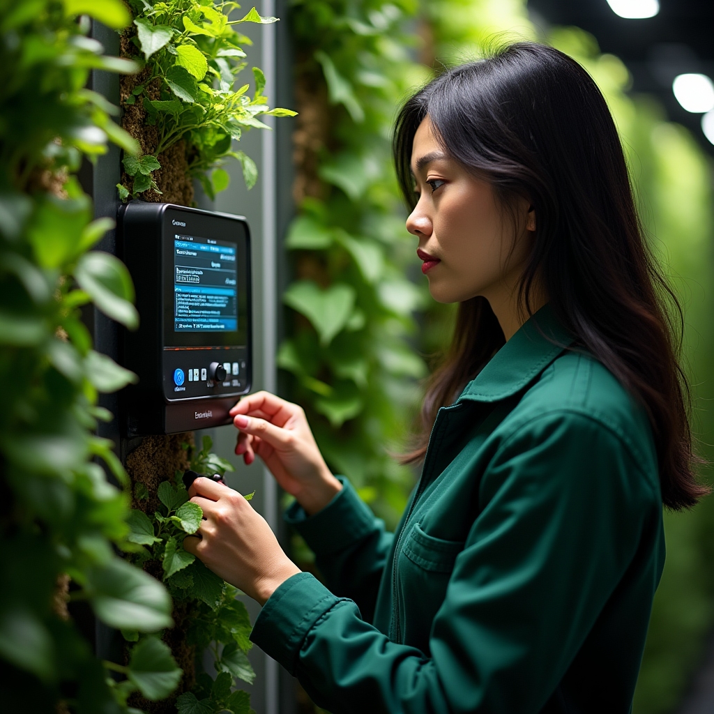 Programador de riego inteligente instalado en cuadro de control de jardín