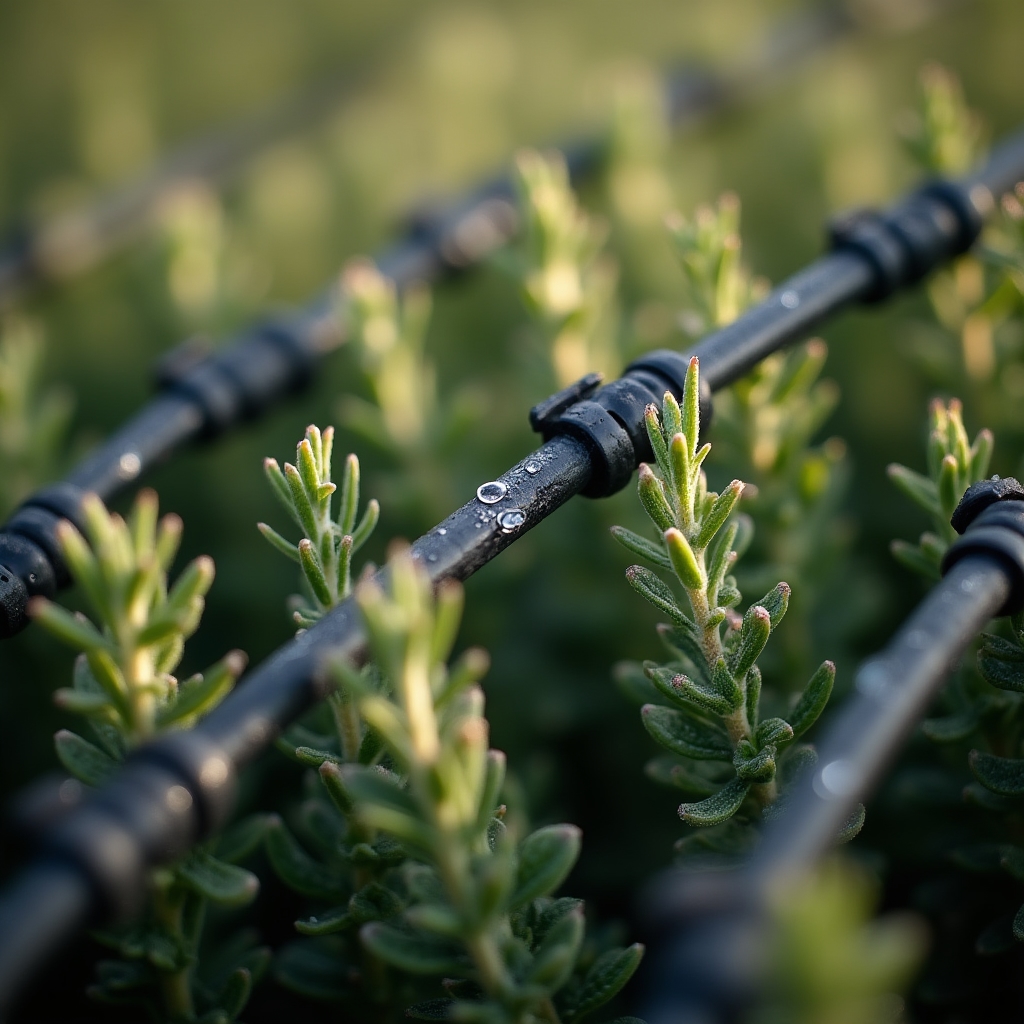 Sistema de riego por goteo instalado en macizo de plantas aromáticas mediterráneas